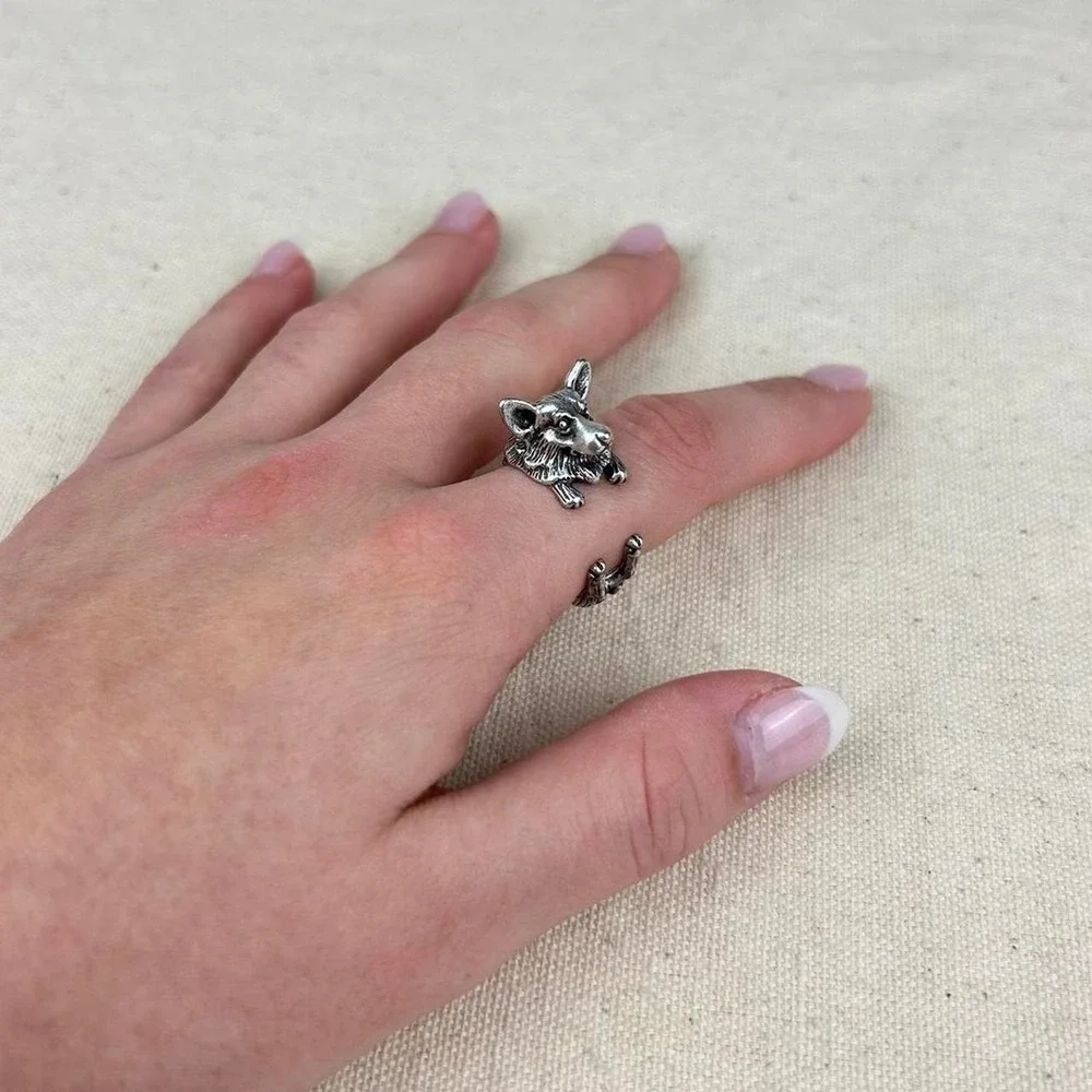 Vintage Y2K silver corgi ring dog pet animal grunge boho